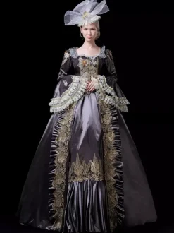 Vintage Victorian Rococo Womens Dress Flared Lace Trim Sleeves Ball Gown Dress