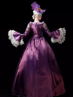 Vintage Victorian Rococo Womens Dress Flared Lace Trim Sleeves Ball Gown Dress