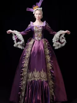 Vintage Victorian Rococo Womens Dress Flared Lace Trim Sleeves Ball Gown Dress