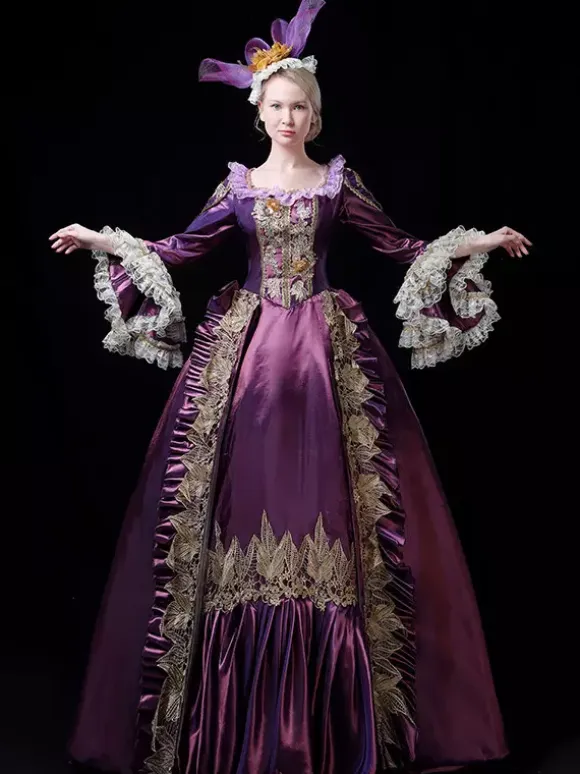 Vintage Victorian Rococo Womens Dress Flared Lace Trim Sleeves Ball Gown Dress