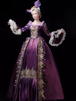 Vintage Victorian Rococo Womens Dress Flared Lace Trim Sleeves Ball Gown Dress
