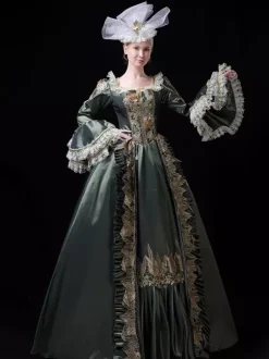 Vintage Victorian Rococo Womens Dress Flared Lace Trim Sleeves Ball Gown Dress