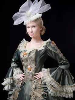 Vintage Victorian Rococo Womens Dress Flared Lace Trim Sleeves Ball Gown Dress