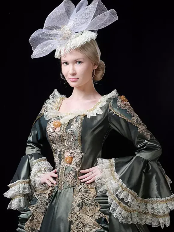Vintage Victorian Rococo Womens Dress Flared Lace Trim Sleeves Ball Gown Dress