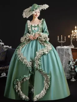 Vintage Victorian Womens Dress 18th-Century Wide Hipped Silhouette Green Retro Dress