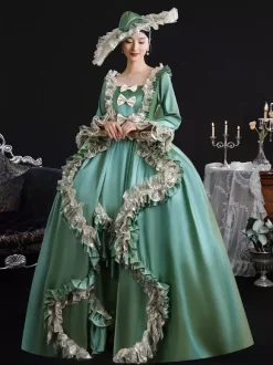 Vintage Victorian Womens Dress 18th-Century Wide Hipped Silhouette Green Retro Dress