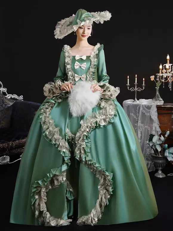 Vintage Victorian Womens Dress 18th-Century Wide Hipped Silhouette Green Retro Dress