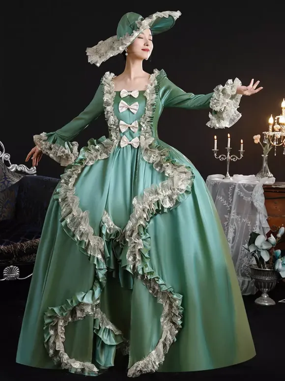 Vintage Victorian Womens Dress 18th-Century Wide Hipped Silhouette Green Retro Dress