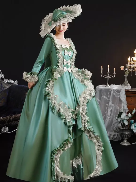 Vintage Victorian Womens Dress 18th-Century Wide Hipped Silhouette Green Retro Dress