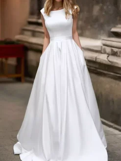 Vintage Wedding Dress 2026 A Line Bateau Neck Sleeveless Floor Length Satin Bridal Gown
