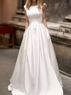 Vintage Wedding Dress 2026 A Line Bateau Neck Sleeveless Floor Length Satin Bridal Gown