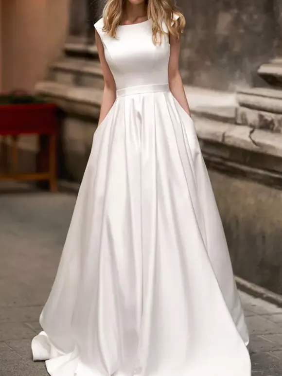 Vintage Wedding Dress 2026 A Line Bateau Neck Sleeveless Floor Length Satin Bridal Gown