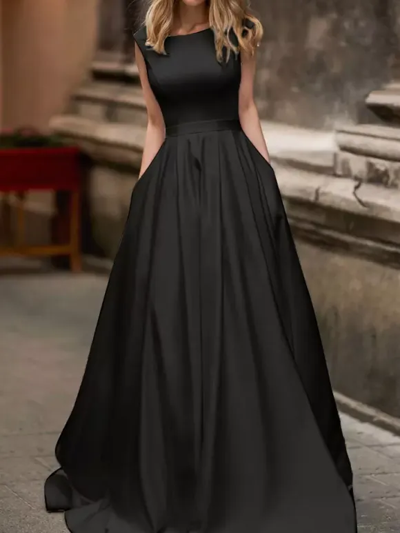 Vintage Wedding Dress 2026 A Line Bateau Neck Sleeveless Floor Length Satin Bridal Gown