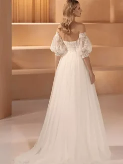 Vintage Wedding Dress Strapless Half Sleeves Natural Waist Lace With Train Lace Bridal Gowns