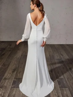 Vintage Wedding Dress V-Neck Long Sleeves Natural Waist Stretch Crepe Sweep Pleated Bridal Dress
