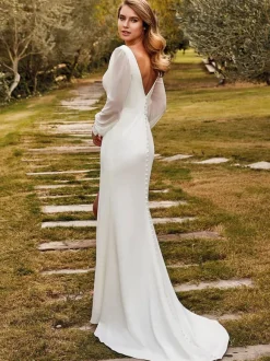 Vintage Wedding Dress V-Neck Long Sleeves Natural Waist Stretch Crepe Sweep Pleated Bridal Dress