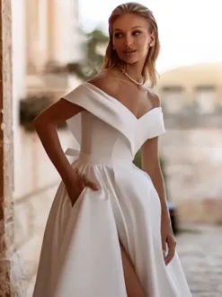 Vintage Wedding Dress With Train Off-The-Shoulder Short Sleeves Split Front Satin Fabric Bridal Gowns