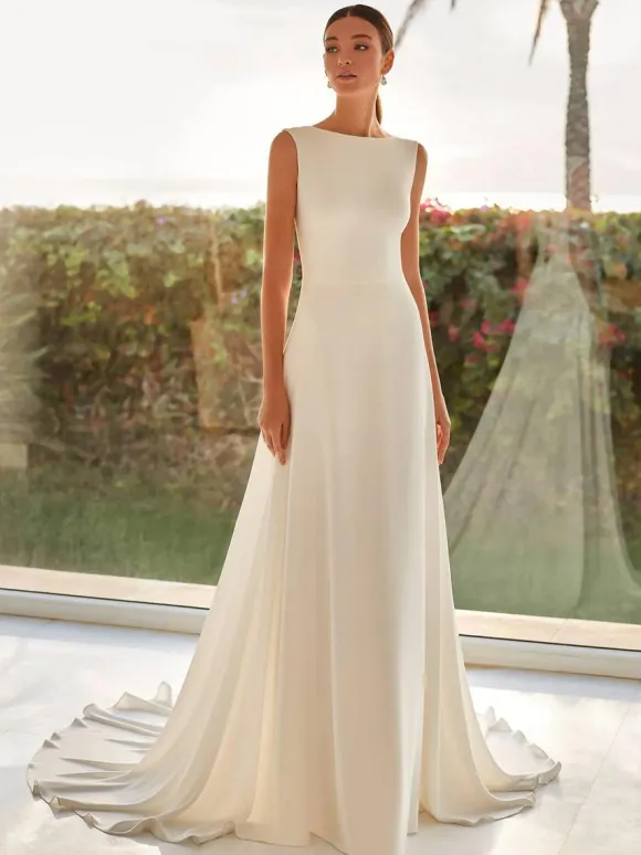 Vintage Wedding Dresses Court Train Jewel Neck Sleeveless Beaded Satin Fabric Bridal Dress