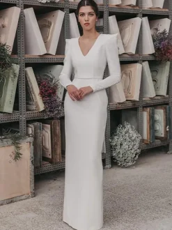 Vintage Wedding Dresses Floor-Length V-Neck Long Sleeves Satin Fabric Bridal Gowns
