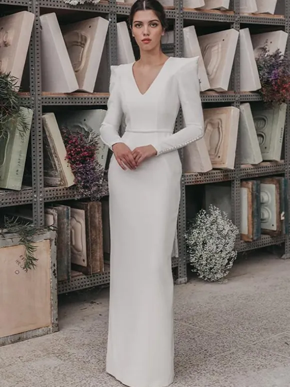 Vintage Wedding Dresses Floor-Length V-Neck Long Sleeves Satin Fabric Bridal Gowns