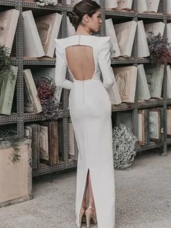 Vintage Wedding Dresses Floor-Length V-Neck Long Sleeves Satin Fabric Bridal Gowns