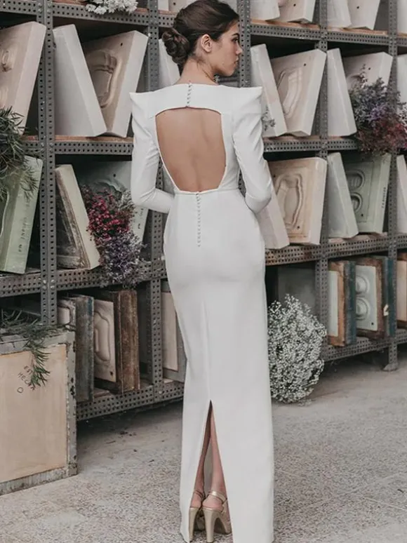 Vintage Wedding Dresses Floor-Length V-Neck Long Sleeves Satin Fabric Bridal Gowns