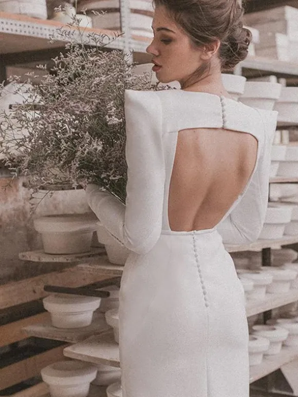 Vintage Wedding Dresses Floor-Length V-Neck Long Sleeves Satin Fabric Bridal Gowns