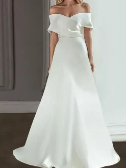 Vintage Wedding Dresses Off-The-Shoulder Short Sleeves Satin Fabric With Train Bridal Dress Free Customization