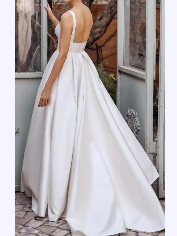 Vintage Wedding Dresses Square Neckline Sleeveless Satin Fabric Court Train Sash Bridal Dress Free Customization