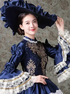 Vintage Womens Victorian Rococo Dress Lace Trim Flared Sleeves High Collar Lace Ruffles Ball Gown Dress