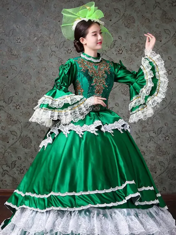 Vintage Womens Victorian Rococo Dress Lace Trim Flared Sleeves High Collar Lace Ruffles Ball Gown Dress