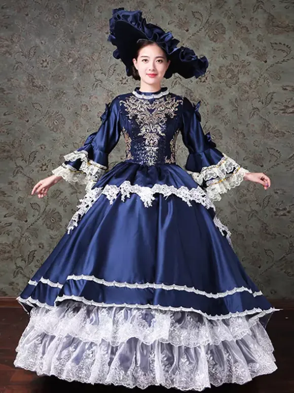 Vintage Womens Victorian Rococo Dress Lace Trim Flared Sleeves High Collar Lace Ruffles Ball Gown Dress