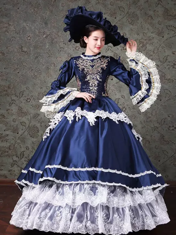 Vintage Womens Victorian Rococo Dress Lace Trim Flared Sleeves High Collar Lace Ruffles Ball Gown Dress
