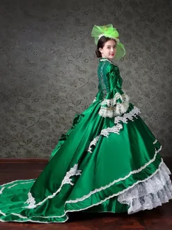 Vintage Womens Victorian Rococo Dress Lace Trim Flared Sleeves High Collar Lace Ruffles Ball Gown Dress