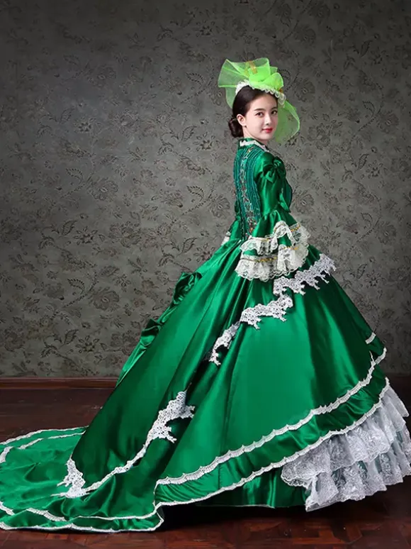 Vintage Womens Victorian Rococo Dress Lace Trim Flared Sleeves High Collar Lace Ruffles Ball Gown Dress