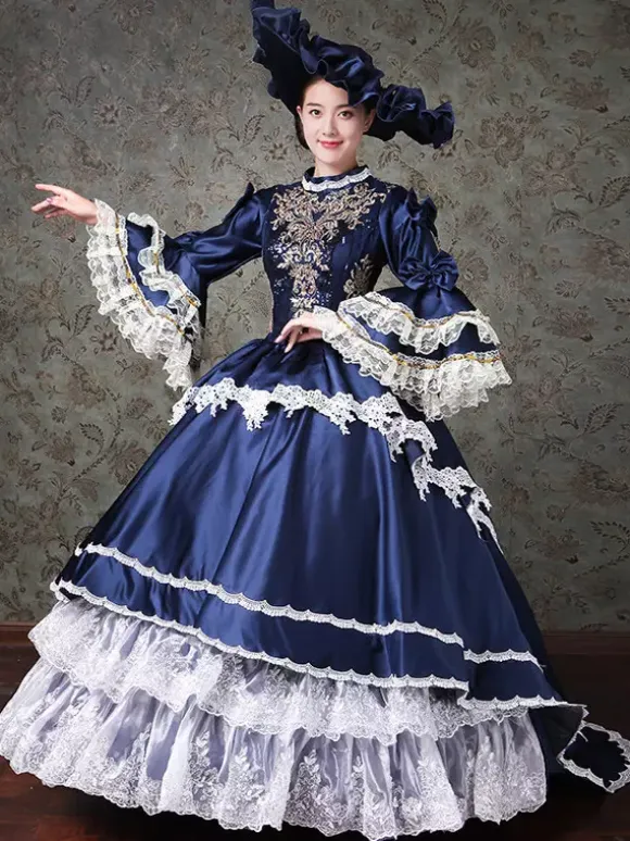 Vintage Womens Victorian Rococo Dress Lace Trim Flared Sleeves High Collar Lace Ruffles Ball Gown Dress