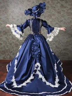 Vintage Womens Victorian Rococo Dress Lace Trim Flared Sleeves High Collar Lace Ruffles Ball Gown Dress