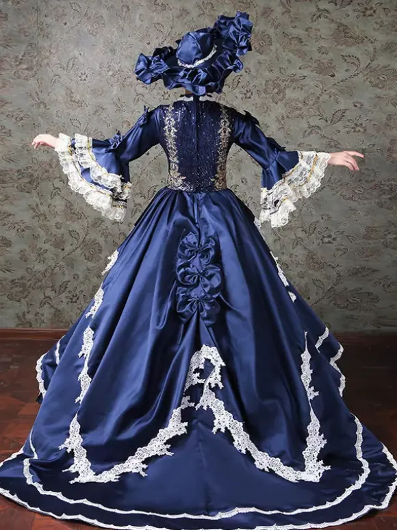 Vintage Womens Victorian Rococo Dress Lace Trim Flared Sleeves High Collar Lace Ruffles Ball Gown Dress