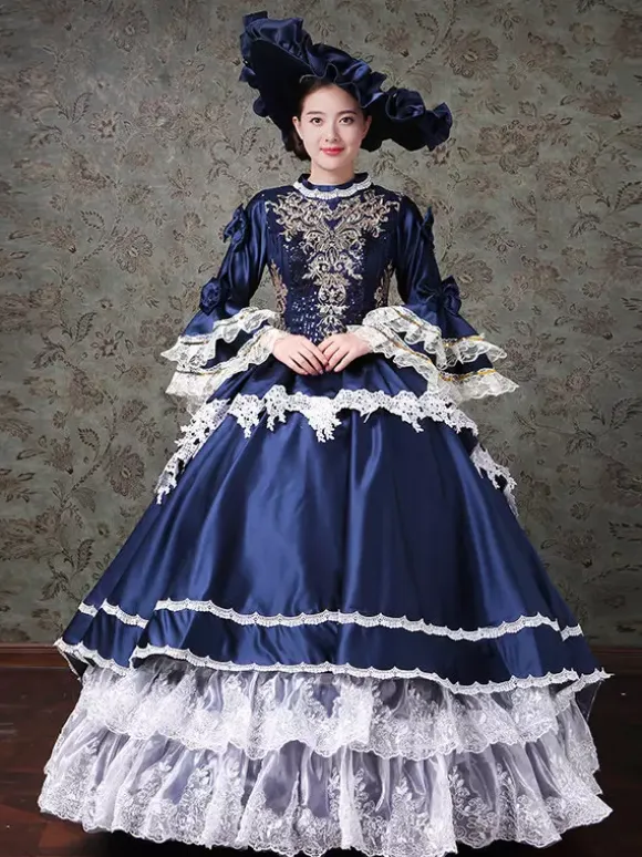Vintage Womens Victorian Rococo Dress Lace Trim Flared Sleeves High Collar Lace Ruffles Ball Gown Dress