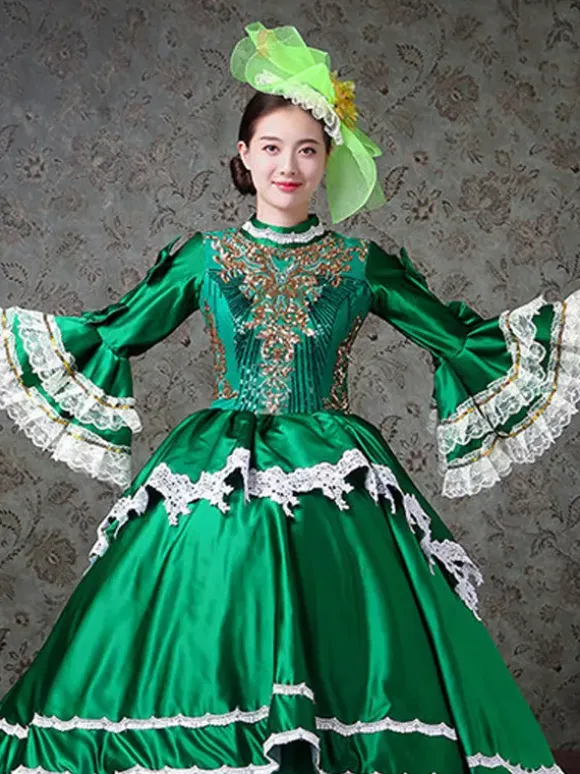 Vintage Womens Victorian Rococo Dress Lace Trim Flared Sleeves High Collar Lace Ruffles Ball Gown Dress