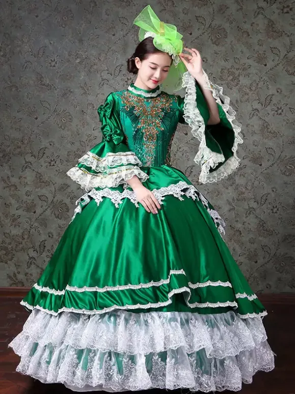 Vintage Womens Victorian Rococo Dress Lace Trim Flared Sleeves High Collar Lace Ruffles Ball Gown Dress