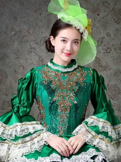 Vintage Womens Victorian Rococo Dress Lace Trim Flared Sleeves High Collar Lace Ruffles Ball Gown Dress