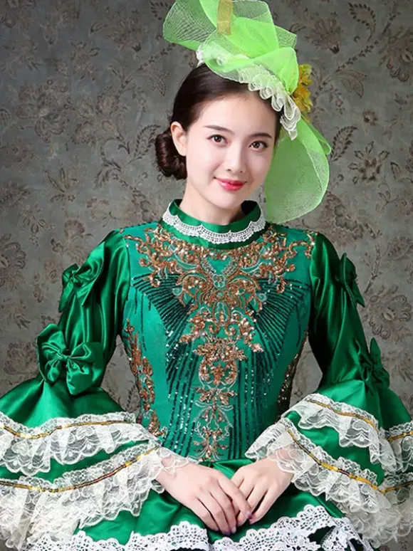 Vintage Womens Victorian Rococo Dress Lace Trim Flared Sleeves High Collar Lace Ruffles Ball Gown Dress