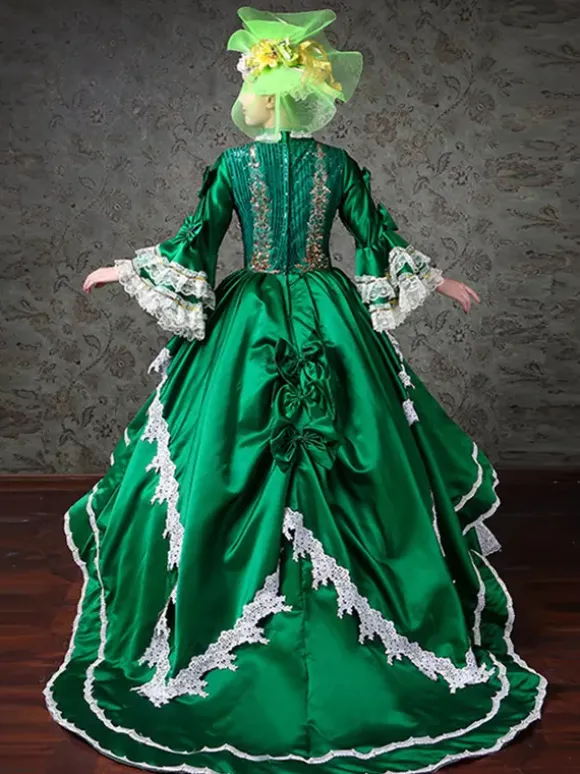 Vintage Womens Victorian Rococo Dress Lace Trim Flared Sleeves High Collar Lace Ruffles Ball Gown Dress