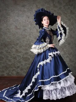 Vintage Womens Victorian Rococo Dress Lace Trim Flared Sleeves High Collar Lace Ruffles Ball Gown Dress