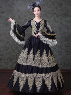 Vintage Womens Victorian Rococo Lace Flared Sleeves V-Neck Embroidery Path Ball Gown Dress