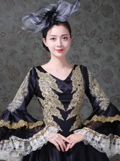 Vintage Womens Victorian Rococo Lace Flared Sleeves V-Neck Embroidery Path Ball Gown Dress