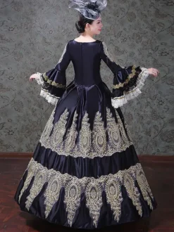 Vintage Womens Victorian Rococo Lace Flared Sleeves V-Neck Embroidery Path Ball Gown Dress