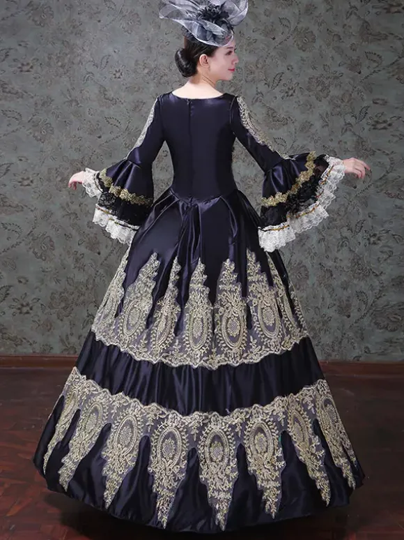 Vintage Womens Victorian Rococo Lace Flared Sleeves V-Neck Embroidery Path Ball Gown Dress