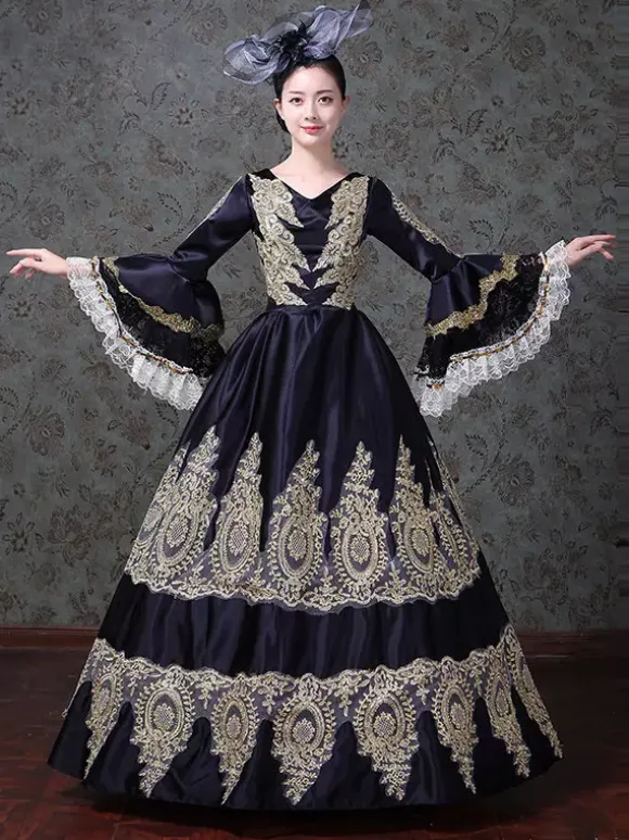 Vintage Womens Victorian Rococo Lace Flared Sleeves V-Neck Embroidery Path Ball Gown Dress